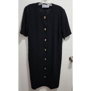 Vtg 80s Bichon Sara Edwards Short Sleeve Midi Dress Cameo Buttons Black Size 4